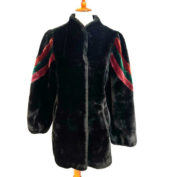 Vintage 80s Borgazia Black Faux Fur Coat Red Green Stripe, Size 13/14 - Picture 1 of 8
